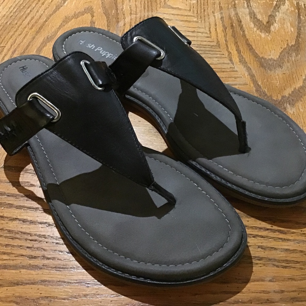 HUSH PUPPIES WOMENS BLACK LEATHER THONG SANDALS SIZE US11
